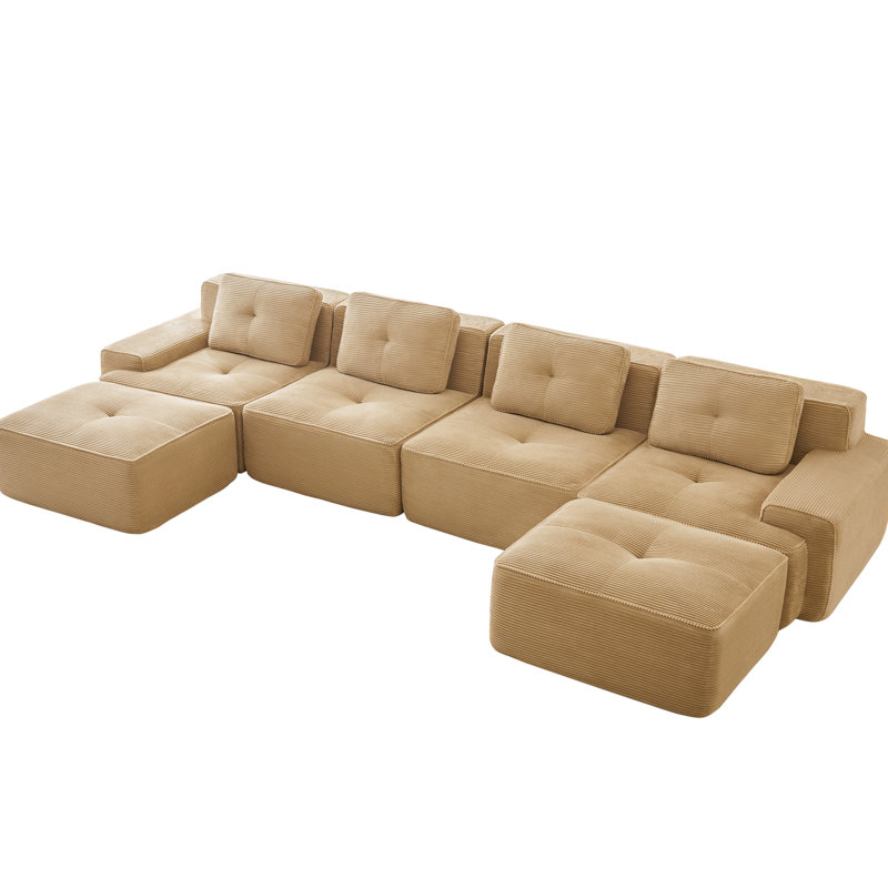 Canapé modulaire de 153 po en U modulaire de 153 po avec tissu en velours côtelé, siège profond, 2 sièges, passepoil perlé, sans assemblage, base coulissante, canapé modulaire 4 de couleur chameau, avec revêtement, 2 sièges amovibles