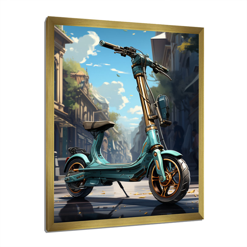 Glissière électrique turquoise et scooter électrique - impressions d'art mural, H 20 po x l 12 po x P 1 po, Cadre photo doré