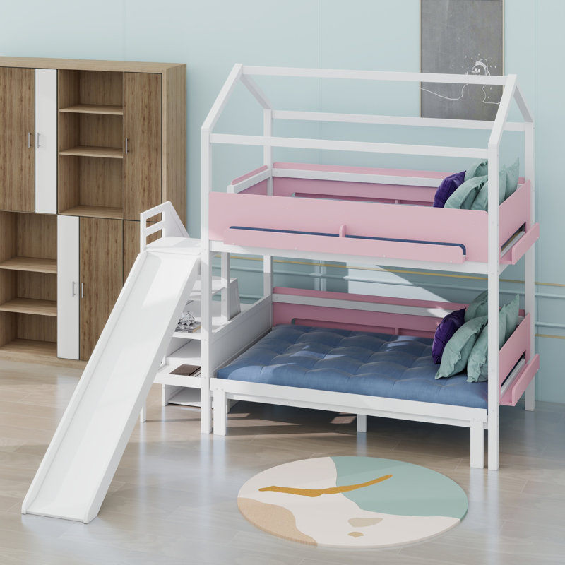 Lit superposé en forme de maison avec glissière et escalier de rangement, Blanc + rose
