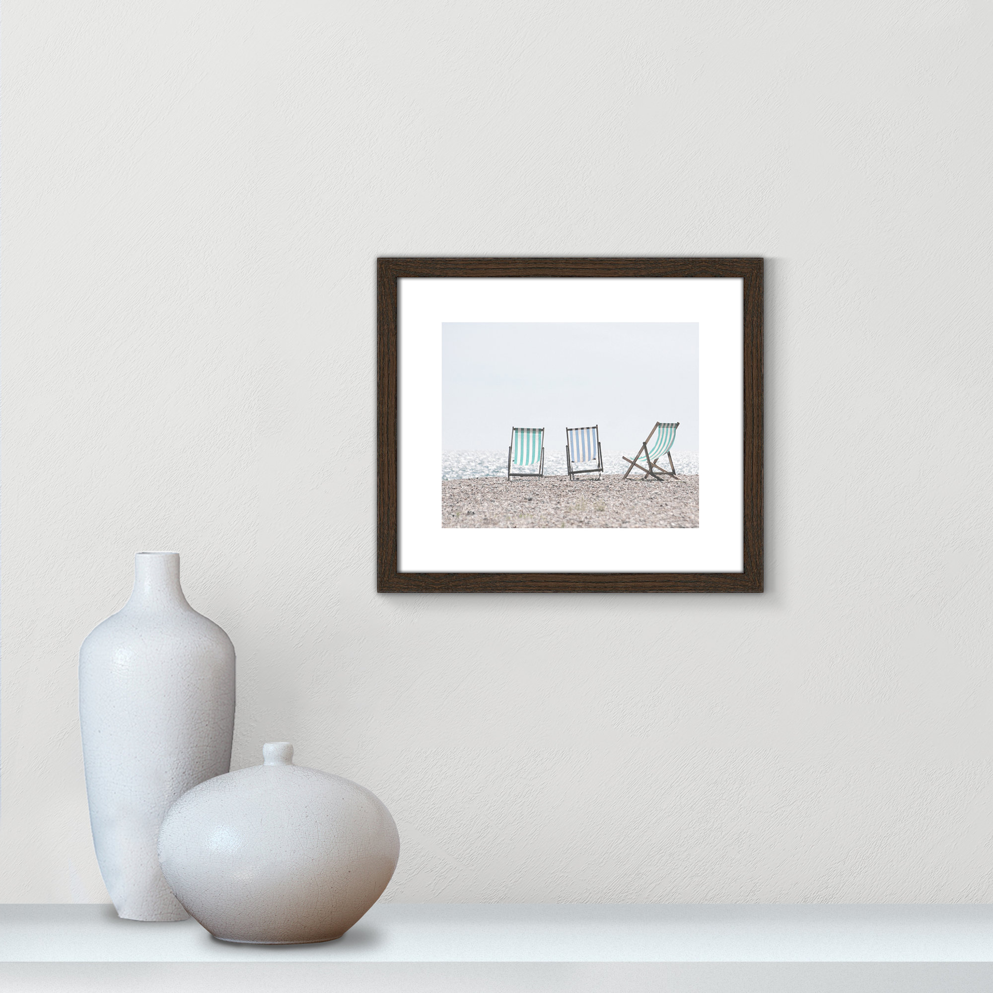 Beach Chairs - Photograph Print, Walnut Wood Grain Framed Paper, 13" H x 15" W x 0.75" D