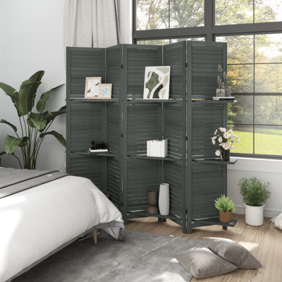 5 Panel 67" Tall Wood Room Divider, Privacy Screen With 3 Display Shelves, And Folding Storage For Bedroom Or Home Office, Grey