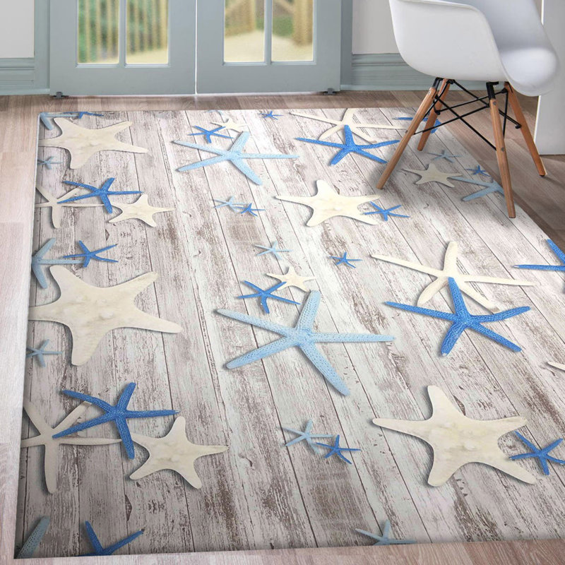 Tapis rectangulaire en polyester tissé à la main en bleu / gris, Rectangle 4 pi 7 po x 6 pi 7 po