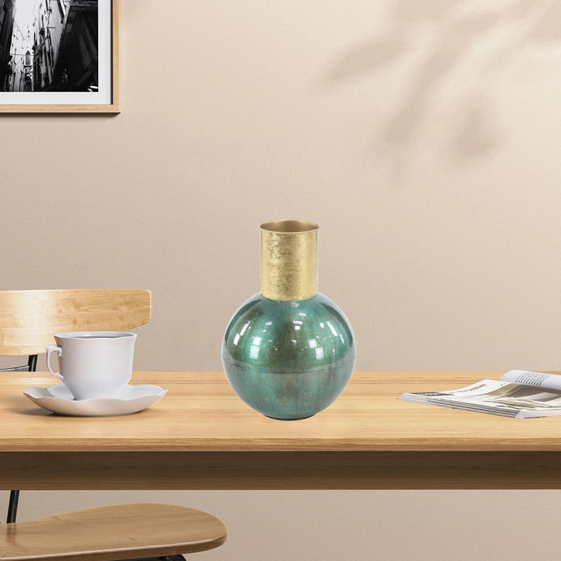 Vase de table en métal, H 17 po x l 11 po x P 11 po, Bleu sarcelle