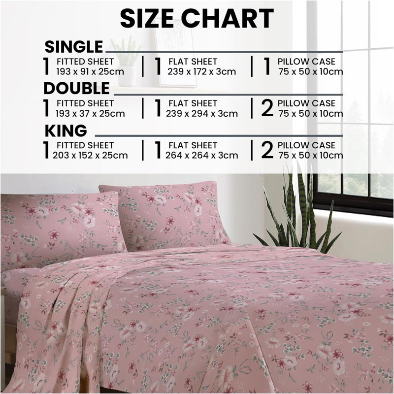 100% Cotton Standard Sheet Set, Single (172 x 239cm), Pink, Floral