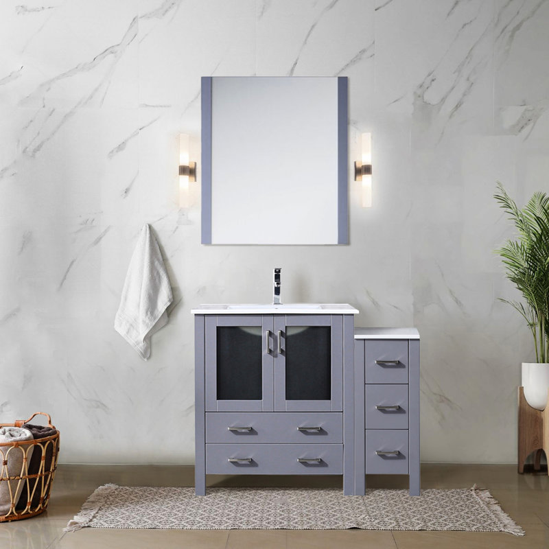 Meuble-lavabo simple de 107 cm de large, gris foncé, avec armoire latérale, comptoir en céramique blanche, structure en bois massif, tiroirs à fermeture amortie, un placard intérieur et cinq tiroirs pour un rangement optimal, comptoir teinté.