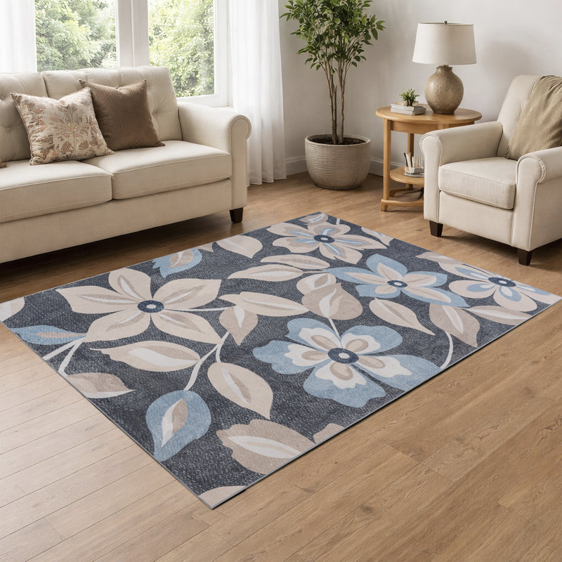 Machine Washable Boho Floral Area Rug Non-Slip Backing Charcoal Blue/Beige Indoor Carpet for Living Room, Bedroom, Hallway Runner