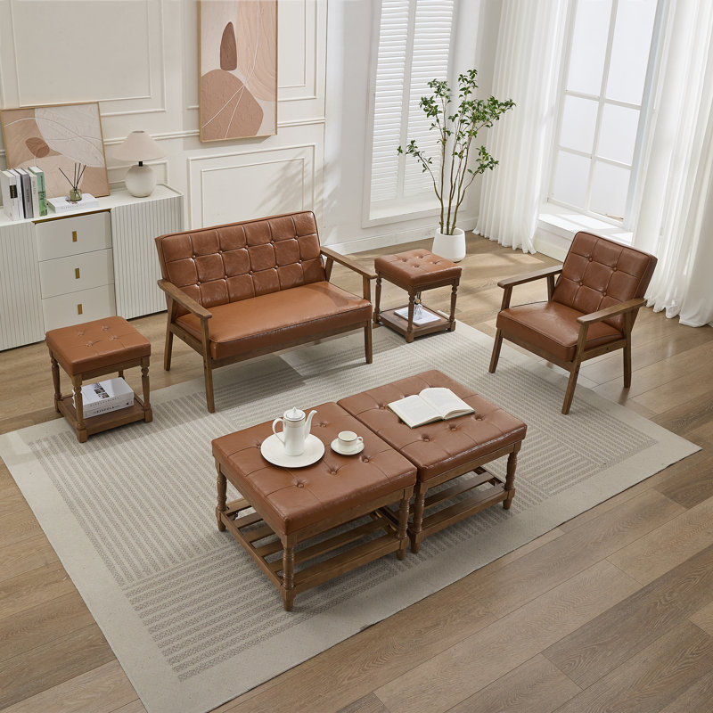  Gladis Faux Leather Coffee Table and End Table Set with Storage (Set of 4), Brown Top/Dark Brown Base