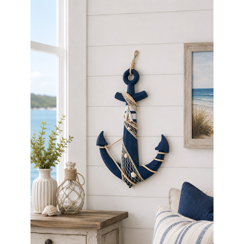 Ancre avec décoration suspendue en résille, H 25,6 po x l 0,8 po x P 15,7 po, Bleu-blanc