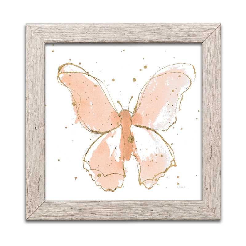 Papillons dorés II, aquarelle rosée, Papier encadré patiné, H 12 po x l 12 po x P 0,75 po