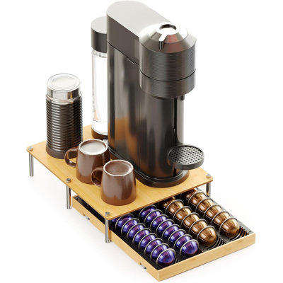 Bamboo Coffee Pod Holder Drawer Storage Compatible with Nespresso Vertuo Capsules, Coffee Station Accessories Holder Organizer Tray, Natural