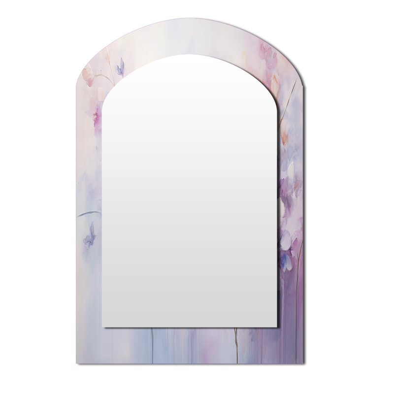 Purple Dreamy Florals I - Botanicals Asymmetrical Mirror, Purple Arch Unique Wall Mirror, Printed Metal Art, 43" x 33"