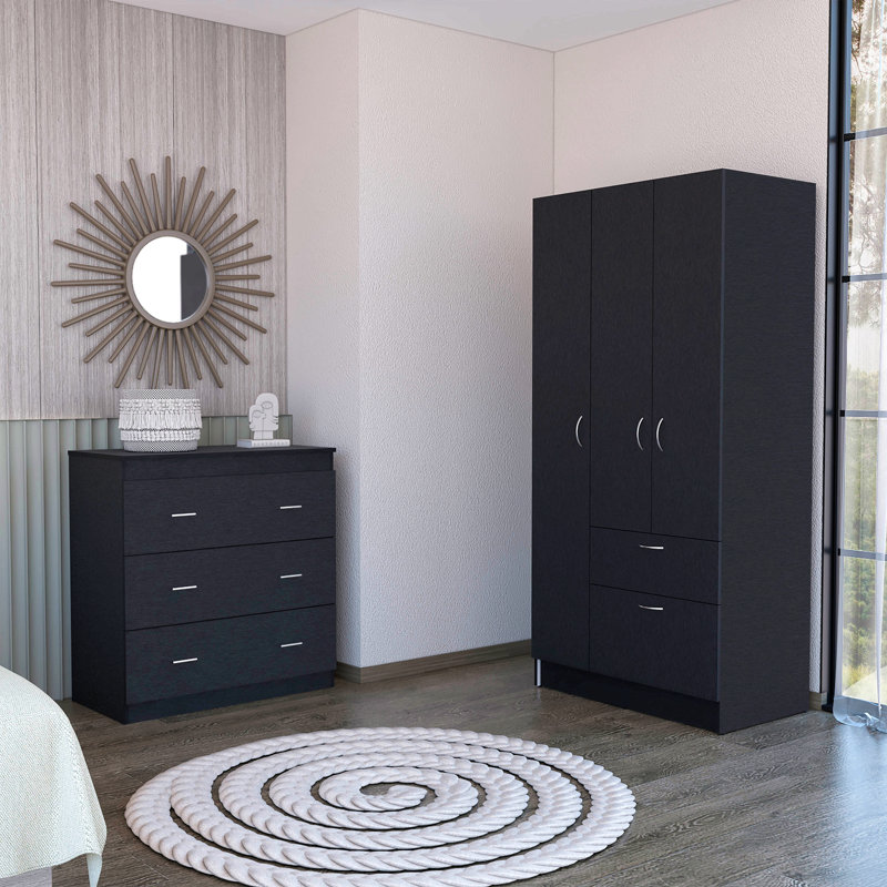 Ensemble de chambre à coucher 2 pièces, armoire + commode 3 tiroirs, noir