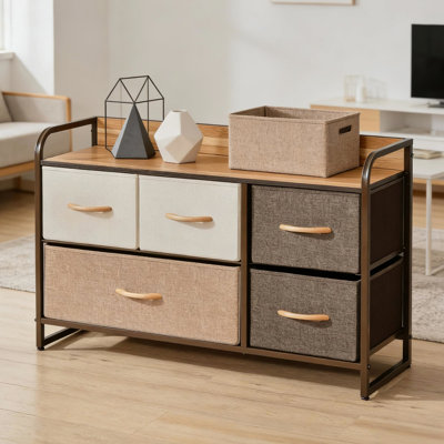 Tour de commode autoportante à 5 tiroirs, armoire de rangement rustique pour le salon, tiroirs pliables, structure en acier massif et couloir de rangement avec rangement à grande capacité, fabrication en lin, dispositif