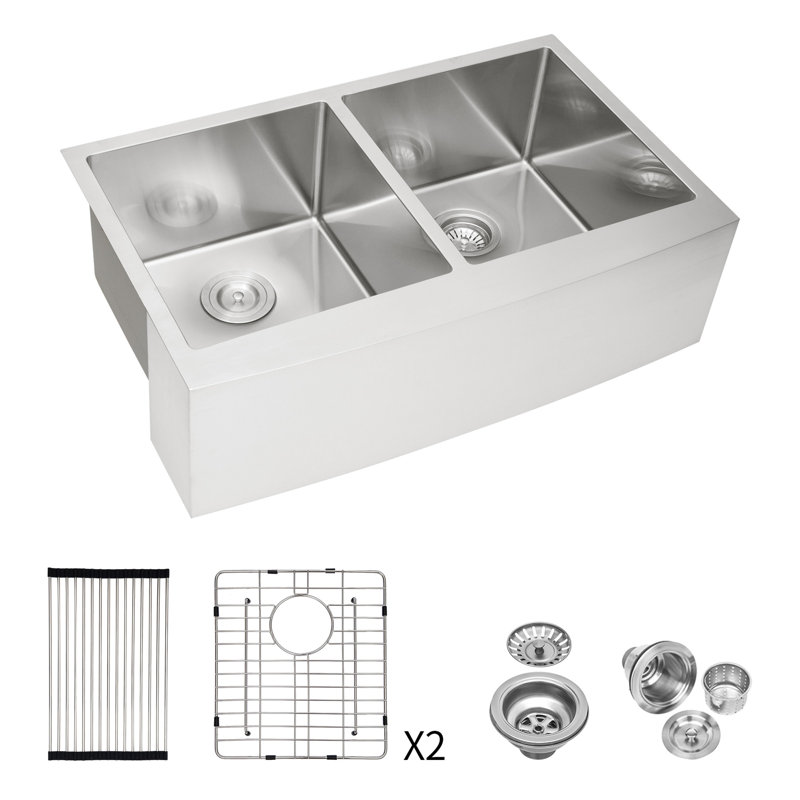 Double Bowl (50/50) Farmhouse Sink - 33"X21"X10" Stainless Steel Apron Front Kitchen Sink 16 Gauge With Two 10" Deep Basin