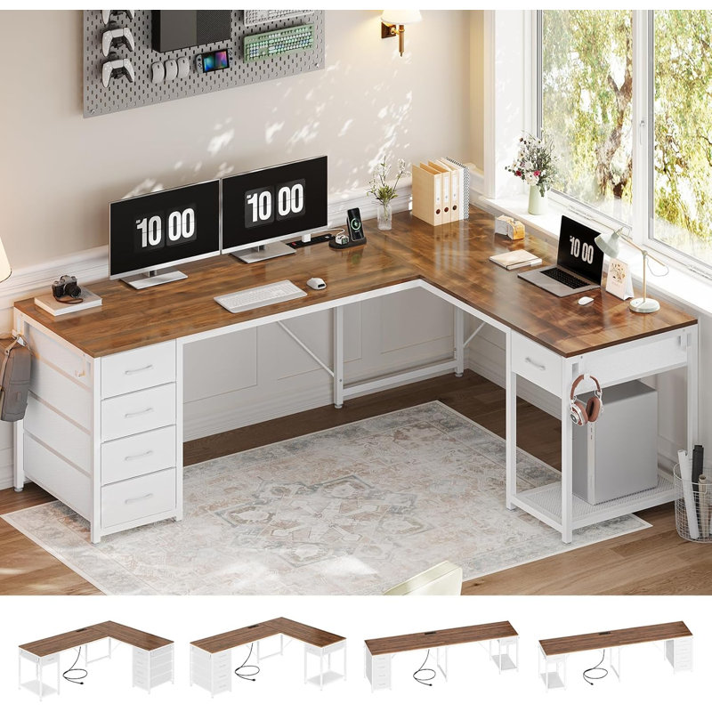 57" L Shaped Desk with 5 Drawers Computer Desk With Led Lights Home Office Desk, White/White