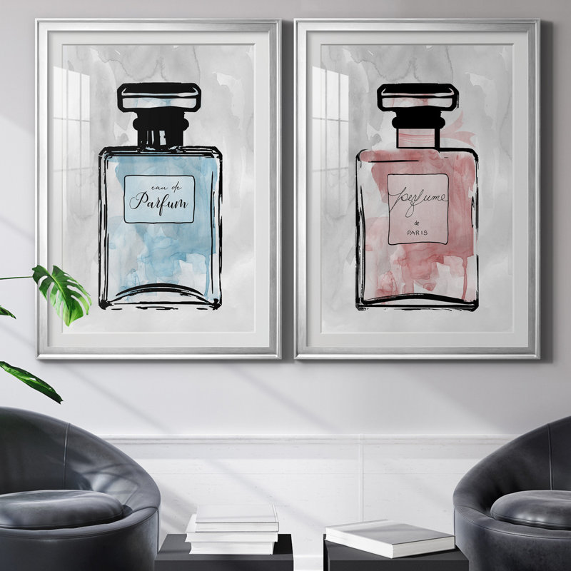 «Blue Wash Perfume», ensemble de 2 reproductions d'art, H 30,5 po x l 85 po x P 1,5 po, Papier avec cadre argenté, Blanc