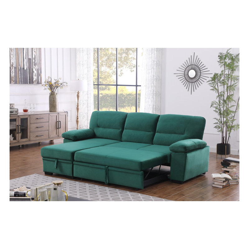 Canapé d'angle convertible réversible Kipling de 97,5 po en velours vert avec méridienne de rangement, Black Velvet, Green