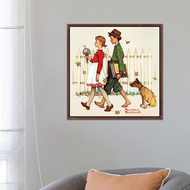 Young Love: Walking To School by Norman Rockwell - Gallery-Wrapped Canvas Giclée on Canvas, Brown Framed