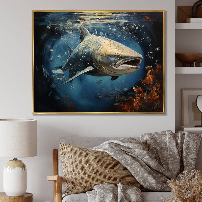 Requin gris, bleu, élégance II - imprimé, H 30 po x l 40 po x P 1,5 po, Cadre flottant doré