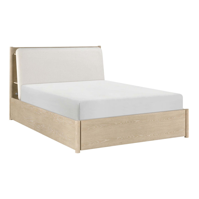 Grand lit plateforme avec rangement pour tête de lit et pied de lit à chargement USB, Grand lit