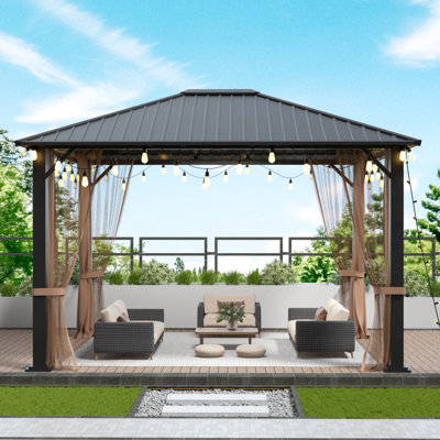 Pavillon de jardin en métal X12 avec toit rigide, pergola robuste avec moustiquaires, toit en acier galvanisé et polycarbonate, idéal pour les jardins, les patios et les cours arrière