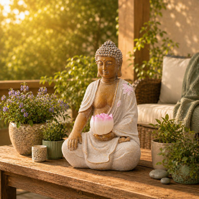 Statue de Bouddha solaire assis de 8,3 po: résine zen imperméable, décorée de lotus et de lumière - décoration de jardin pour patio (blanc)