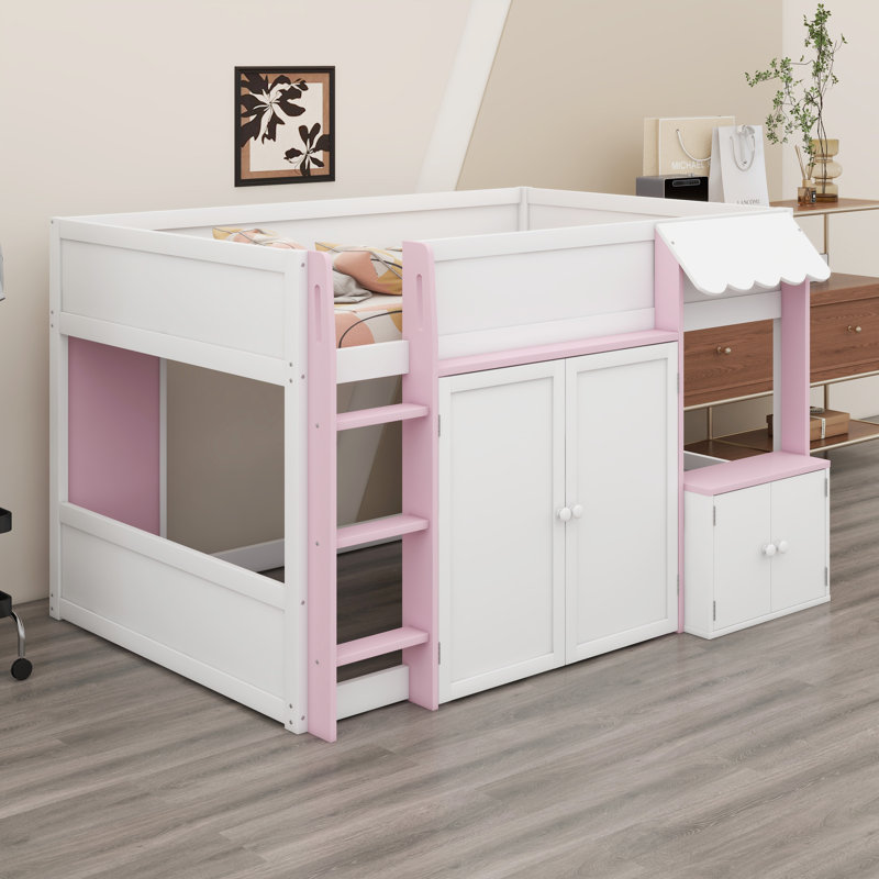 Lit Creative Cabin avec aire de jeu amusante et vaste espace d'organisation sous le lit, Blanc + rose