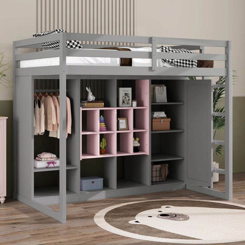 Lit mezzanine simple en bois avec garde-robe, tablettes et armoire, cadre de lit multi-rangement peu encombrant, Gris / Rose