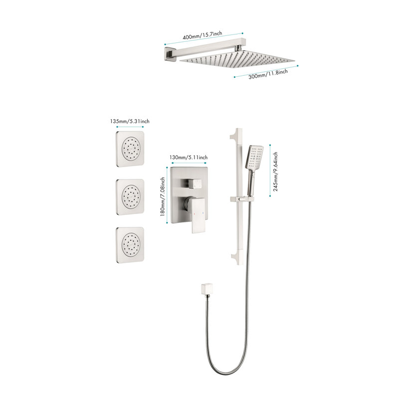 Luxury Shower Configuration With Head, Hand Shower, Bodysprays - Nickel Hue Superior System Hose, Valve Trim Brushed Style