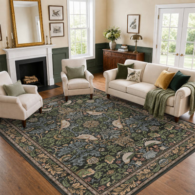 Botanical Rug 8x10 - Washable Vintage Floral Area Rugs for Living Room, Dining Room, Bedroom, Traditional Antique Style, Birds and Leaves Design, Non-Slip Low Pile (Dark Green/Brown)