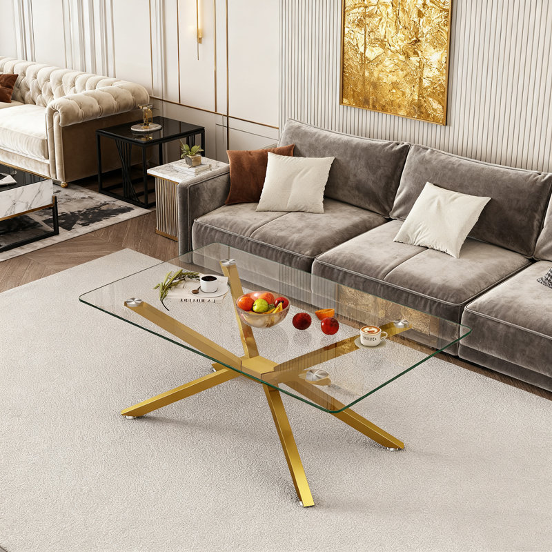 Table basse de 39,37 po rectangulaire en verre trempé transparent, design élégant avec pieds en métal argenté, table basse de salon