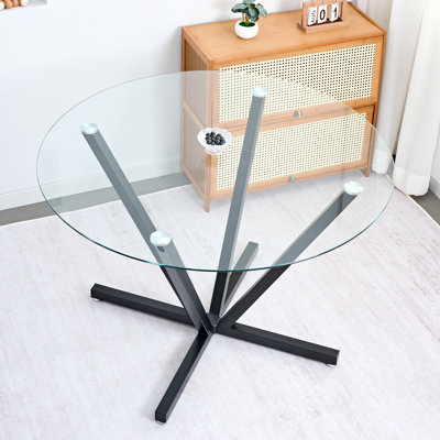 Table de salle à manger ronde de 45,27 po, table de salle à manger en verre trempé avec pieds en métal noir, table de salle à manger moderne pour la cuisine, le salon et l'assemblage facile