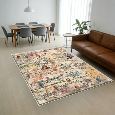 Washable 5x7 Rug for Living Room, Floral Print Large Bedroom Area Rug, Non-Slip Dining Table Throw Mat, Botanical Area Rug Carpet for Entry Basement Dorm (Beige,5'x7')