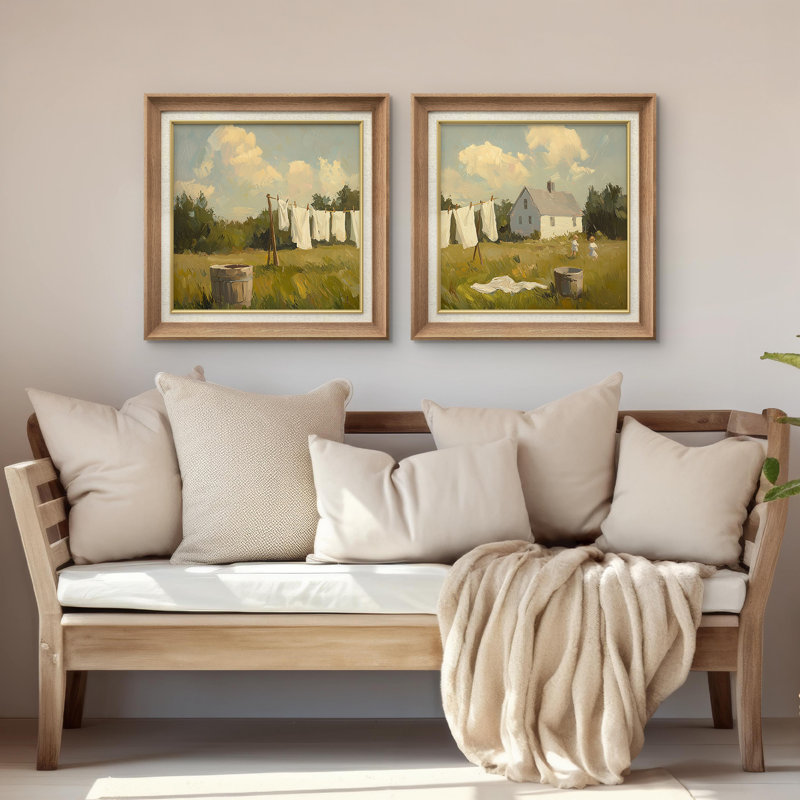 Rustic Countryside Laundry Line Farmhouse Landscape Wall Decor - encadré papier chambre à coucher principale, impression murale 2 pièces