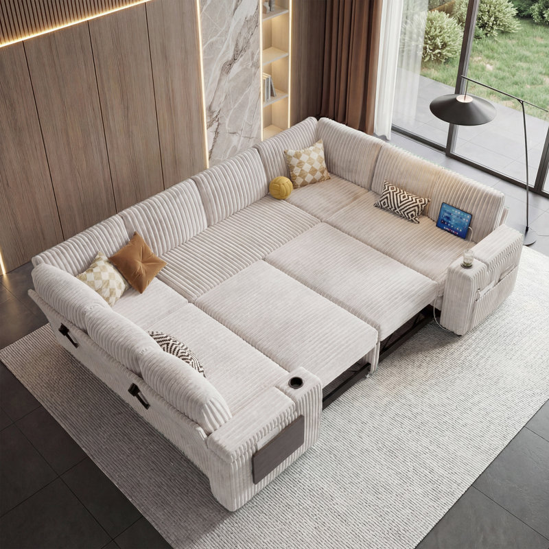 8-Seater Large Sectional Sofa Bed With Storage Lovescat, Modular Sleeper Sofa With Usb Port & Cup Holder, 108" U-Shaped Convertible Couch For Large Living Room