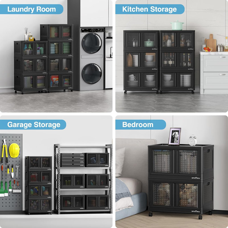 320Qt Storage Bins with Lids, 80Gal Plastic Stackable Collapsible Storage Bins with Doors Wheels, Closet Organizers and Storage, Foldable Box Cabinet for Home Office Garage, 4Pack Black Cube