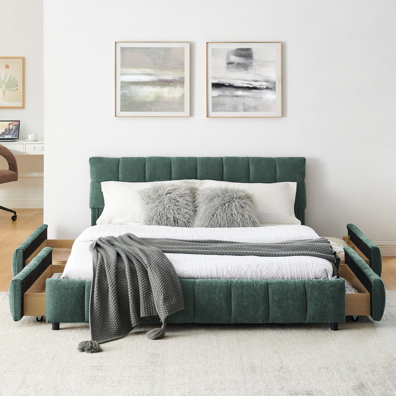 Queen Size Upholstered Bed, Green