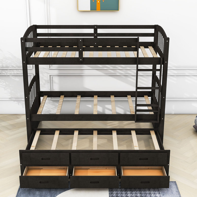 Atalfo Kids Twin Over Twin Bunk Bed with Trundle with Drawers, Espresso