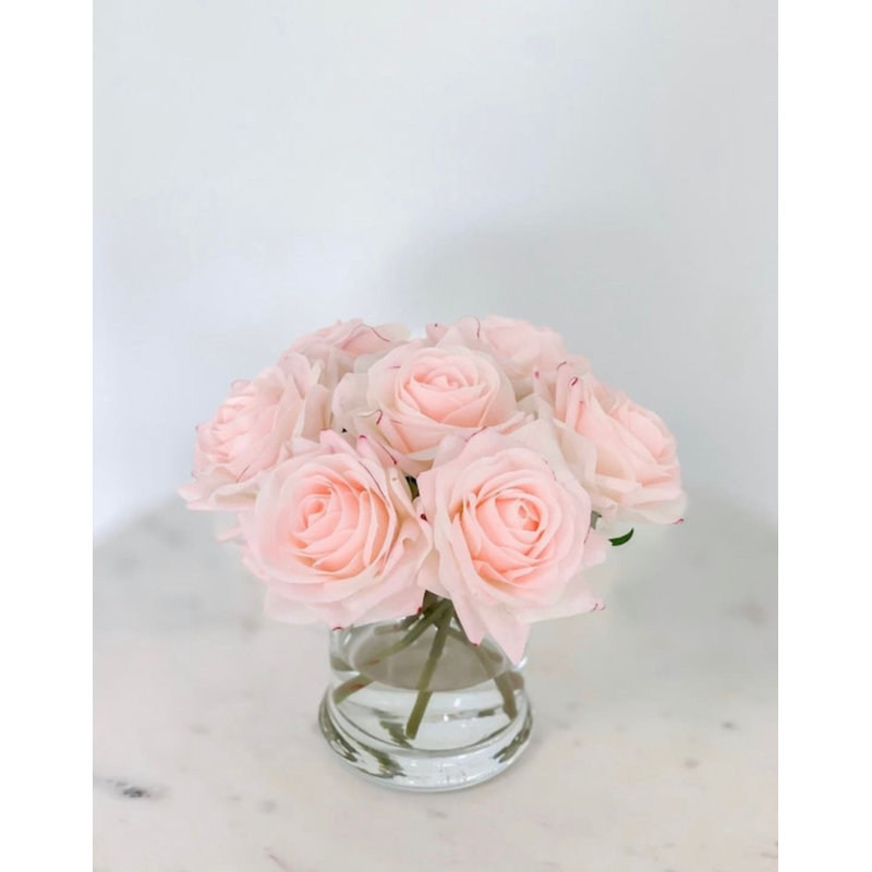 Real Touch Rose Arrangement In Glass Vase, Orange Pink