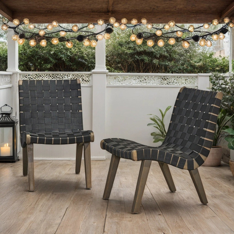 Ensemble de chaises longues d'extérieur transitionnel avec structure en bois d'acacia et corde tissée (2 pièces), Noir, Gris