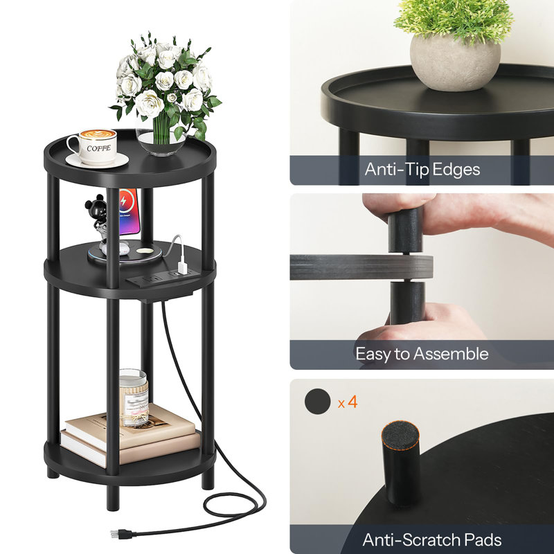 Small Round Side Table with Charging Station, Black