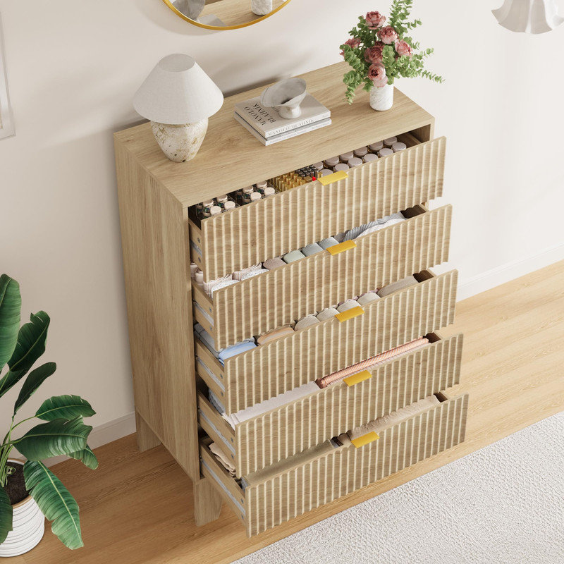 31.5" Wide 5-Drawer Dresser with Gold Handles & Fluted Front, Natural