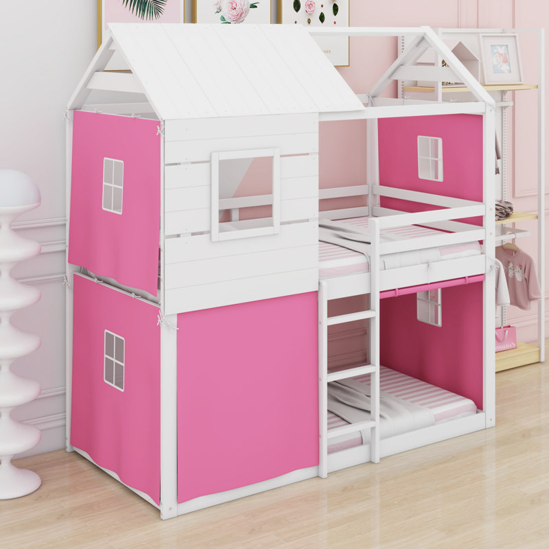 Wood House Bed Frame With Elegant Windows, Guardrail And Tent, Twin Over Twin, Pink/White