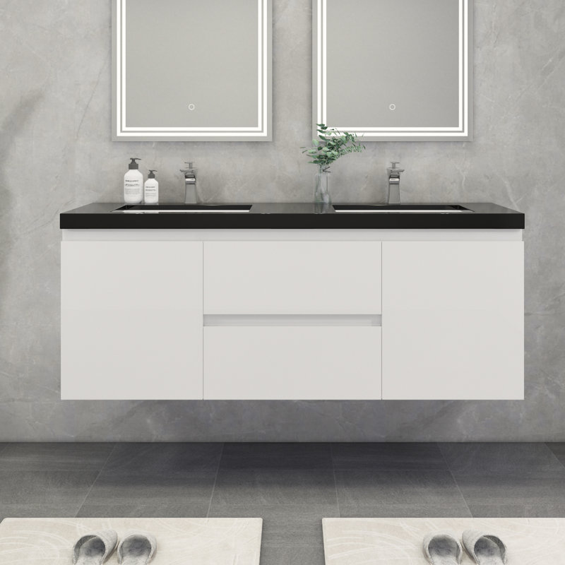 Castin 60" Wall-Mounted Double Bathroom Vanity Set, Glossy White