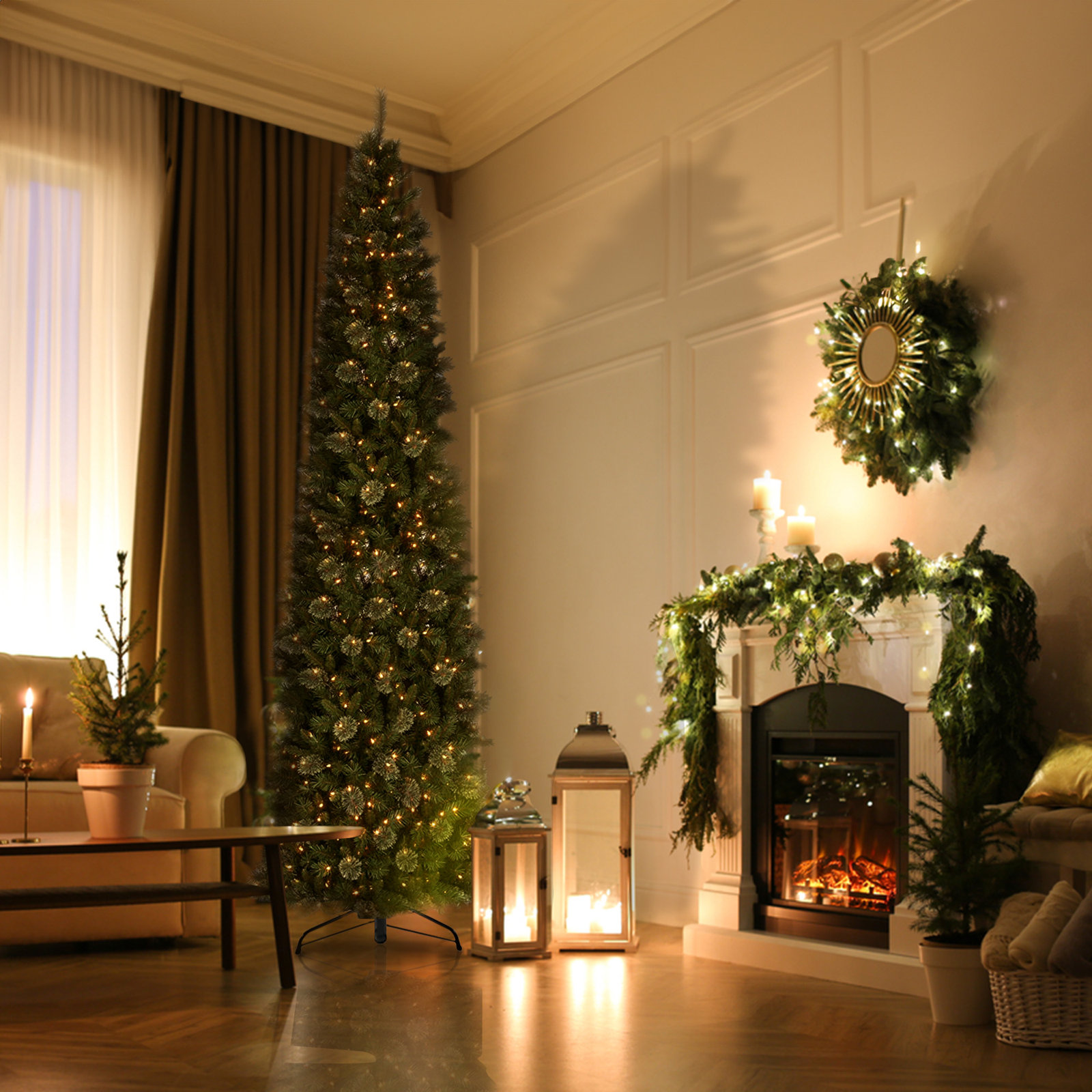 Pre-Lit Slim Pine Christmas Tree, 12'