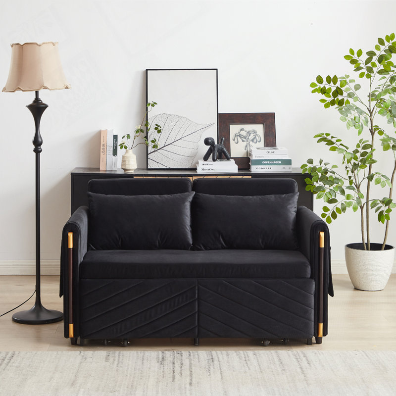 Velvet Multi-position adjustable Sofa with 2 Detachable Arm Pockets, Black, 33.05" H x 54.05" W x 35.75" D