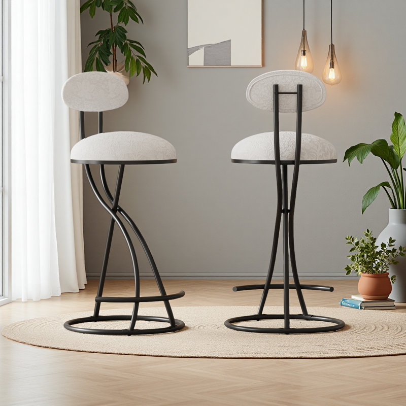 Ensemble de 2 tabourets de bar en forme de S avec dossier et tabourets de bar rembourrés à imprimé floral, Noir