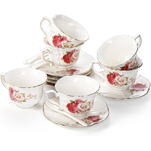 YOLIFE Ivory Pink Rose Ceramic Cups and Saucers Set 8 OZ, Set of 6