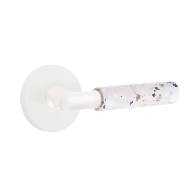 Ensemble de faux levier Emtek Select, rosette à disque, tige en T, poignée en terrazzo clair, Blanc mat / terrazzo clair