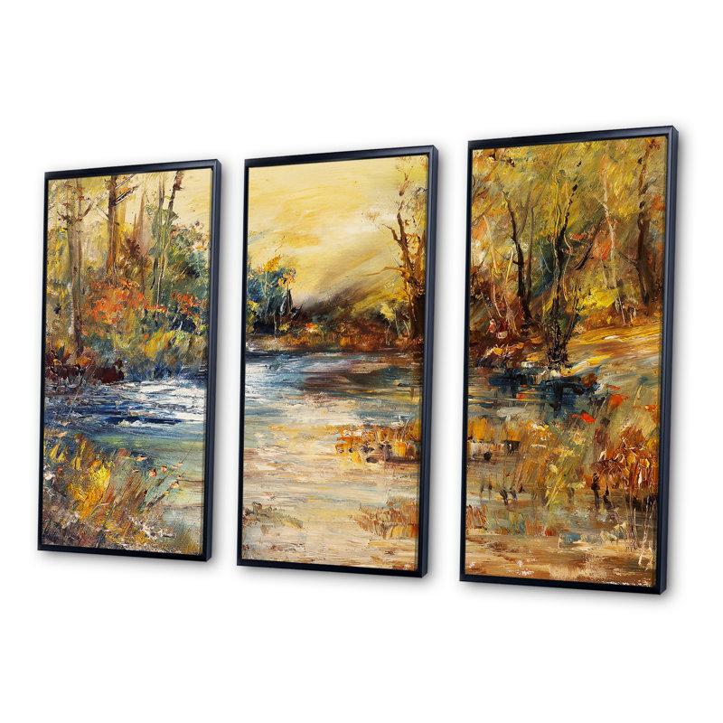 «Stream In Forest», peinture à l'huile sur cadre flottant 3 pièces, H 28 po x l 36 po, Noir, noir, noir, noir